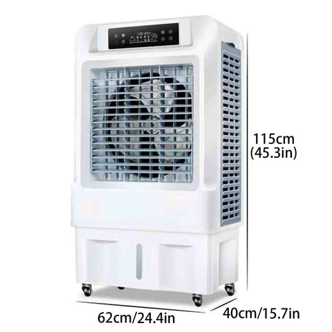 Portable Evaporative Swamp Cooler With Three Speed Settings And Nine Hour Timer in white with control panel and fan grille.