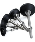 Eight Piece Adjustable Furniture Leveling Feet With Swivel Articulating Legs And Rigid Antislip Cushion Bottoms For No Sweat Setup And Dead Set Stable Room Arrangements, showing various sizes with metal screws and rubber tops.