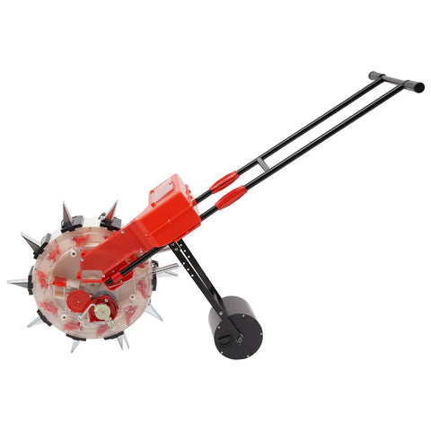 Side view of Garden Push Seeder With 10 Nozzles, Metal Precision Hand Push Seeder with clear seed storage box and spiked wheel.