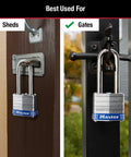 Keyed-Alike Outdoor Padlocks With Keys, Extra Long Shackle For Gate, Fence, Shed And Equipment, Durable Laminated Steel Body With Hardened Shackle, 3 Pack shown securing shed and gate