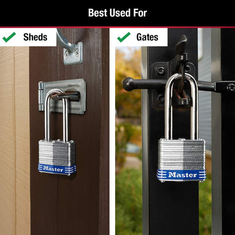 Keyed-Alike Outdoor Padlocks With Keys, Extra Long Shackle For Gate, Fence, Shed And Equipment, Durable Laminated Steel Body With Hardened Shackle, 3 Pack shown securing shed and gate