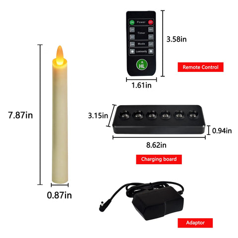 Rechargeable LED Taper Candles With Remote, Flameless Flickering Light For Home Parties And Restaurants, Amber 6 Pack, 0.87 X 7.88 Inches, 170 Hour Runtime, Includes Charger Base And 10 Key Remote