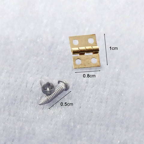 Miniature Door Hinges Set For Dollhouse 1/12 Scale With 4 Hinges And 16 Screws, DIY Micro Scene Decor, gold hinge and screws shown