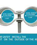 Heavy Duty Chain Link Fence Panel Clamps For One And Five Eighths Inch Frames Galvanized Dog Kennel Saddle Clamps Eight Pack For Forty Two Millimeter Pipe Fence Panels Rust Resistant Easy Install Durable Outdoor Gate And Fence Connectors close-up showing two clamps with 1-5/8 inch frame size.