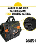 Tradesman Pro Wide Open Tool Bag with 1680 Ballistic Weave Molded Bottom, detachable strap, and orange interior.