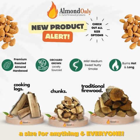 Premium Roasted Almond Firewood Logs In 10 Inch Length For Real Deal High Heat Grilling And Smoking Dense North American Hardwood With Clean Burn Ideal For Pizza Ovens Outdoor Fire Pits Campfires And Solo Stove Yukon Use 20 Lb Bundle, showing different log sizes and benefits like orchard grown and nutty smoke flavor.
