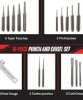 16 Piece Punch And Chisel Set For Woodworking Metalworking And Auto DIY Projects, showing 5 taper punches, 5 pin punches, 3 cold chisels, 2 center punches, and 1 chisel gauge.