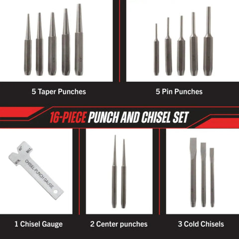 16 Piece Punch And Chisel Set For Woodworking Metalworking And Auto DIY Projects, showing 5 taper punches, 5 pin punches, 3 cold chisels, 2 center punches, and 1 chisel gauge.