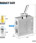 2 Position 3 Way Pneumatic Valve With 1 Eighth Inch NPT Ports, Manual Toggle Actuator HL-2301 shown with size dimensions and fittings