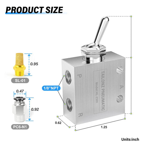2 Position 3 Way Pneumatic Valve With 1 Eighth Inch NPT Ports, Manual Toggle Actuator HL-2301 shown with size dimensions and fittings