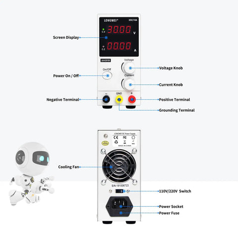 Adjustable DC Power Supply 30V 10A with 4 digit LED display and wiring connectors for electronics testing