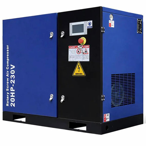 New 15HP Rotary Screw Air Compressor Pump With Heavy Duty Design For Continuous Use. Generates 56 CFM At 125 PSI On 230V 3-Phase 60Hz Power. Ultra Quiet Low Noise Operation Ideal For Industrial Factory Workshops And Production Lines Running 24/7 Without