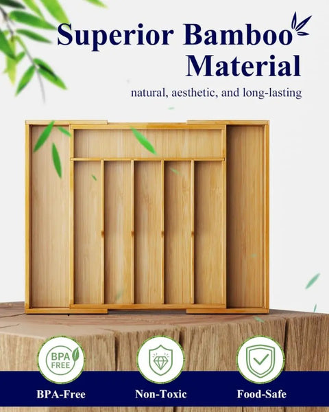 Expandable Bamboo Silverware Organizer For Kitchen Drawers, Big Capacity, Solid Utensil And Cutlery Tray, Natural Finish