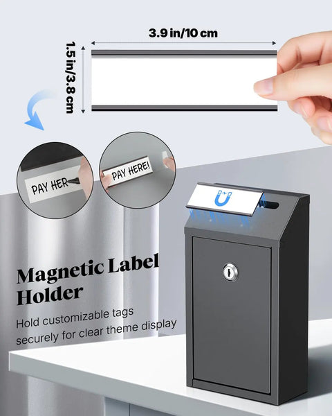 Locking Money Box For Cash Tips And Payments, Wall Mount Mailbox With Magnetic Label Holder, Key Drop Box on desk