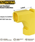 Table Saw Dust Collector Adapter For DWE7485 With Dual Integrated Hooks Efficient Sawdust Collection Textured Grip And Clog Free Design For Mess Free Garages And Jobsites shown in yellow with dimensions 6.4 x 7.5 inches.