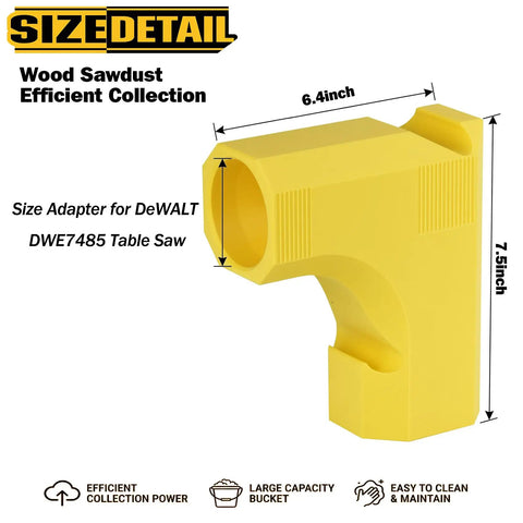 Table Saw Dust Collector Adapter For DWE7485 With Dual Integrated Hooks Efficient Sawdust Collection Textured Grip And Clog Free Design For Mess Free Garages And Jobsites shown in yellow with dimensions 6.4 x 7.5 inches.