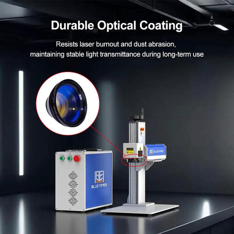 Ultra Wide 300x300mm F-Theta Scan Lens for 1064nm Fiber Laser With 430mm Focal Length And M85 Thread, shown with accompanying laser system.