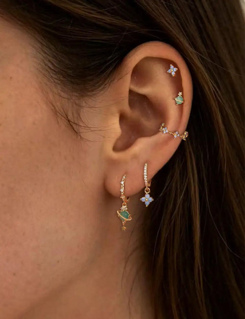 Gold Plated Earring Set For Women 9 Pairs Including Huggie Hoops Planet Ball Flower Dangle Studs Flat Back Cartilage Tragus Earrings For Multiple Piercings Stackable Jewelry Perfect For Everyday Vibe worn in multiple ear piercings