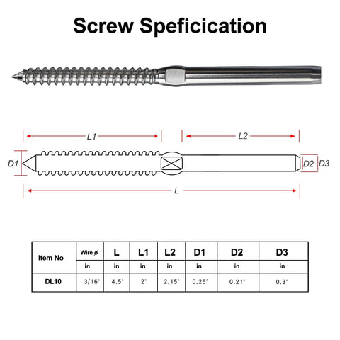 Three Sixteenth Inch Swage Lag Screws Kit specification diagram, T316 stainless steel, left/right handed threads, 20 pack
