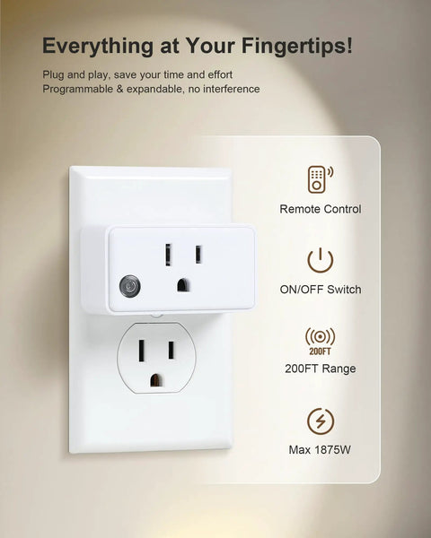 Remote Control Outlet Kit With 5 Outlets And 2 Remotes, 200FT Long Range Wireless Light Switch plugged into wall outlet.