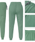 Back view of green womens scrubs jogger pants, featuring pockets, drawstring, and elastic waistband. Machine washable nurse workwear.