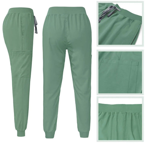 Back view of green womens scrubs jogger pants, featuring pockets, drawstring, and elastic waistband. Machine washable nurse workwear.