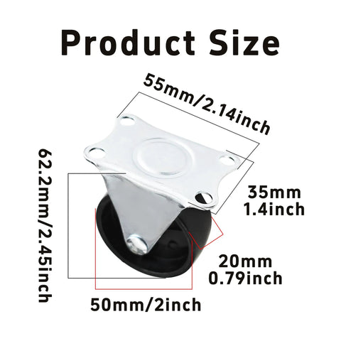 4 Pack 2 Inch Heavy Duty Caster Wheels With Solid Iron Mounting Plate Built Like A Boss dimensions showing 2 inch size and steel bracket