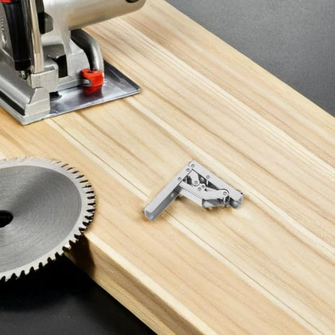 Wide Angle Corner Cabinet Hinges Set Of 4 With Short Arm Design featured on a wooden plank near a circular saw blade