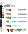 Pressure Washer Extension Wand Upgrade With Curved Rod Heads For Hard To Reach Areas Includes 30 Degree 90 Degree And 120 Degree Nozzles One Quarter Inch Quick Connect Replacement For Anti Leaked Ring Up To 4000 PSI with nozzle types display.