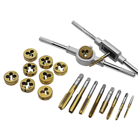 Top Notch 20-Piece Tap And Die Set With Alloy Steel M3 To M12 Metal Thread Drill Bits Plus Titanium Plated Screw Key For Auto Repair And Shop Work, assorted taps dies