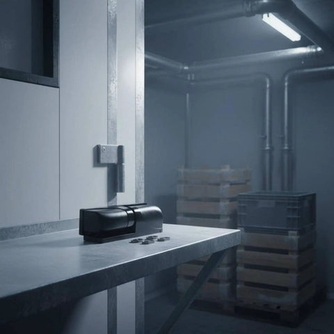 Rock Solid Zinc Alloy Cold Storage Door Hinge Featuring Smooth Lift Assisted Self Closing Pivot on metallic table in a cooler.