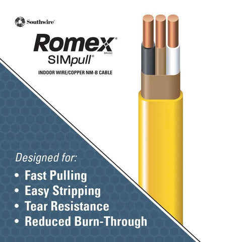 Illustration of SIMpull Solid Indoor 12-2 With Ground NM-B Cable, Copper Building Wire with labeled features.