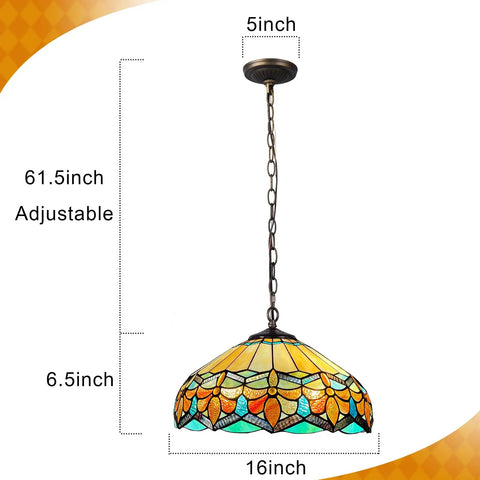 ARTZONE Antique Tiffany Pendant Light Fixture Stained Glass Hanging Lamp with adjustable height, diameter 16 inches, colorful stained glass design.