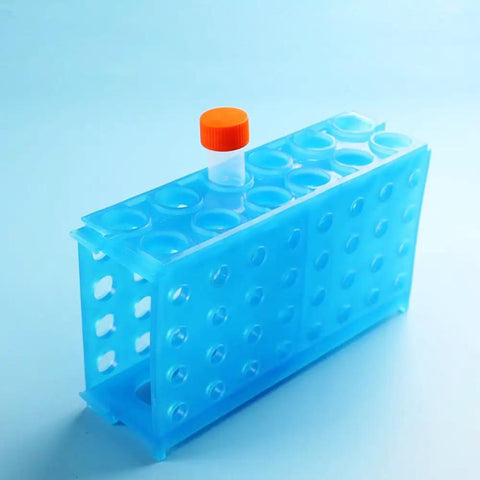 Linkable 4-Way Plastic Test Tube Rack Set In Assorted Blue Green Yellow Colors, Pack Of 3, Heavy-Duty Polypropylene on blue background