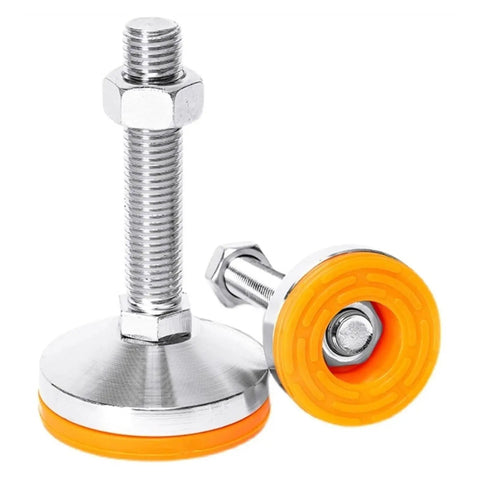 Six Adjustable Leveling Feet Set Heavy Duty Carbon Steel Glides With Large Bases Supports Up To 1000 Lb Ideal For Cabinets Tables Chairs Shelves Industrial Equipment And Machinery Stabilizes On Uneven Floors Reduces Shake And Vibration. Adjustable carbon steel leveling foot with orange base and threaded stud
