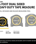 Three heavy-duty tape measures with inch/cm scales, featuring 16-foot, 26-foot, and 33-foot lengths, labeled as BM 300 series.