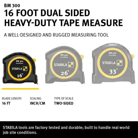 Three heavy-duty tape measures with inch/cm scales, featuring 16-foot, 26-foot, and 33-foot lengths, labeled as BM 300 series.