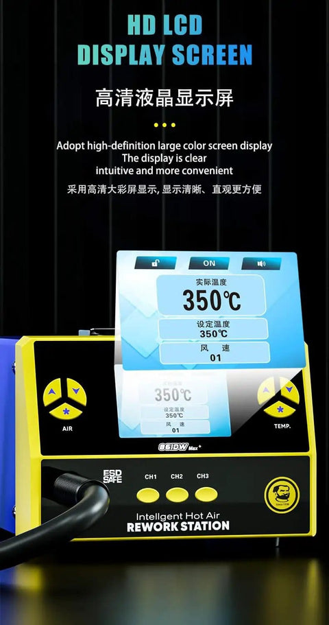 DIY Friendly Pro Grade Hot Air Gun Mechanic 861DW Max Plus 1000W Soldering Station LCD Display showing 350°C