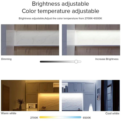 Brightness and color temperature adjustable lighting display showing dimming and color range from warm to cool white.