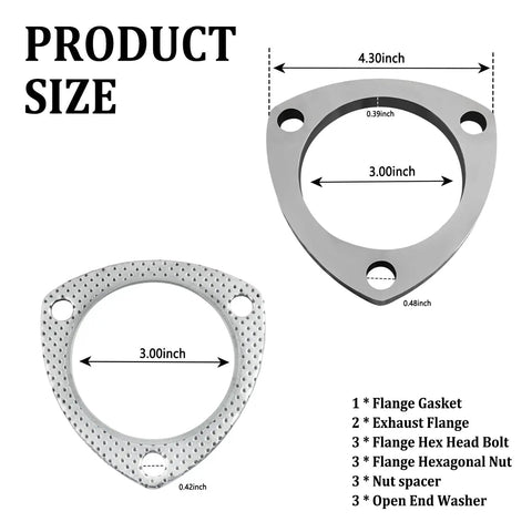 Premium Stainless Steel 3 Inch Exhaust Flange Gasket Repair Kit With Heavy Duty Bolts dimensions showing size and parts included.