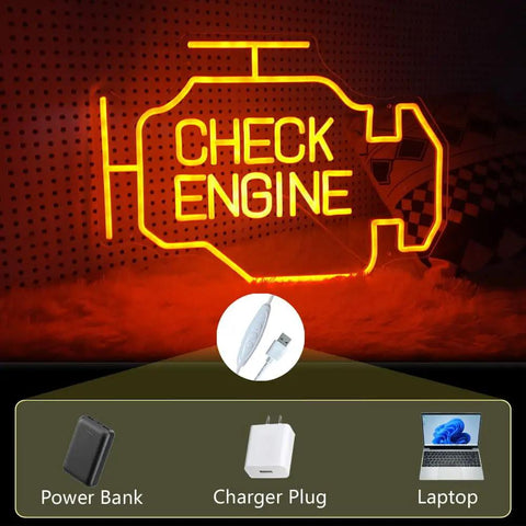 Lit Neon Signs For Wall Decor Large LED Neon Light Sign For Bedroom Party Office Hotel Pub Cafe Room Decor Bar Art Decor Man Cave Night Light Gift For Home Use, displaying 'Check Engine' design in vivid orange with power options.