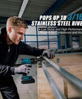 Dead-Easy No-Fuss Cordless Rivet Gun With 21V Battery And Brushless Motor For Automatic Core Pulling and Knockout Tight Fit Professional Handheld Blind Riveter Tool Kit handles 3/16" stainless steel rivets.