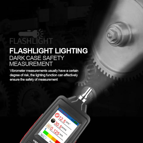Portable Digital Vibration Meter And Vibration Analyzer With Color LCD For Acceleration, Velocity, Displacement And Frequency Testing, Screw Interface Probe For Easy Setup, Flip Display And Built-In Safety Lighting For Field Diagnostics On The Go. Dark-case safety measurement with lit probe