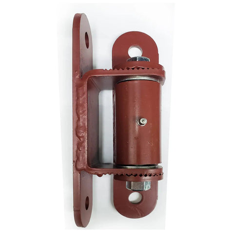Heavy Duty Bolt On Driveway Gate Hinges Adjustable With Greasable Zerk Fittings Tough As Nails, showing a red hinge component for heavy gates.