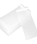 Stack of 8x4-inch self-adhesive bubble cushioning bags for shipping electronics and camera lenses, scratch-free interior visible.
