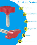Two red aluminum knobs with stainless steel threads for Four Pack 1/4-20 By 1-1/4 Inch Thumb Screws With Stainless Steel Threads And Red Aluminum Knob For Woodworking Indoor Outdoor Equipment Assembly Durable Corrosion Resistant Fastening For Any Project next to product feature icons.