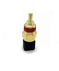 Engine coolant temperature sensor, brass body with red thread sealant and black connector, front view