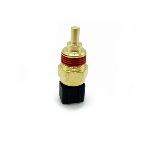 Engine coolant temperature sensor, brass body with red thread sealant and black connector, front view
