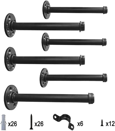 Black Iron Pipe Shelf Brackets 12 Inch Set Of 6 Heavy Duty Rustic Floating Shelves And Clothing Rack Brackets with hardware