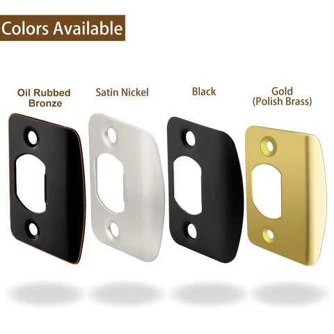 Four door strike plates in oil rubbed bronze, satin nickel, black, and polished brass colors for door latch restorer kit.